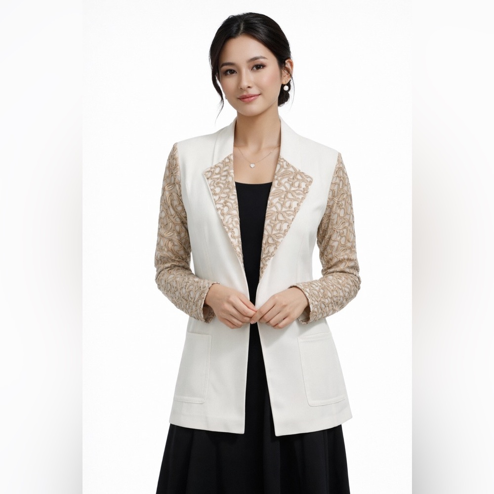 Unbranded size XS off white and tan/cream crepe style embroidered blazer jacket